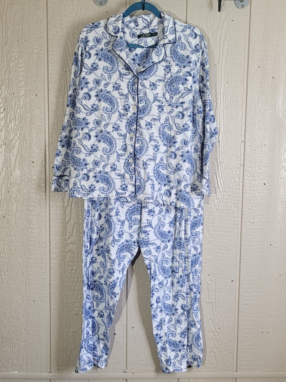 Lauren Ralph Lauren White and Blue Paisley Cotton Pajama Set